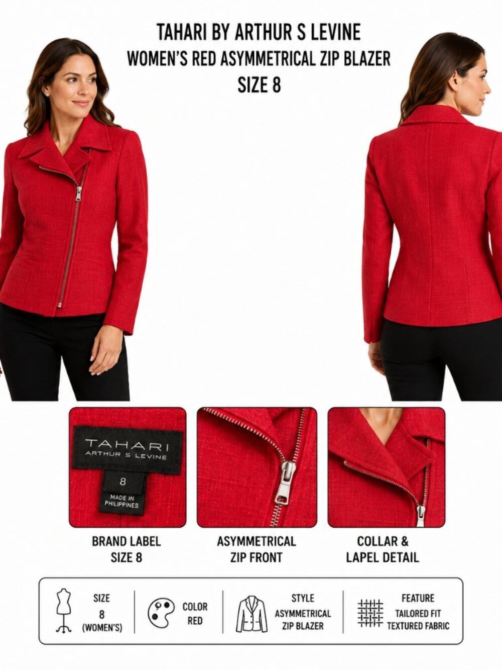 TAHARI RED ASYMMETRICAL ZIP BLAZER SIZE 8